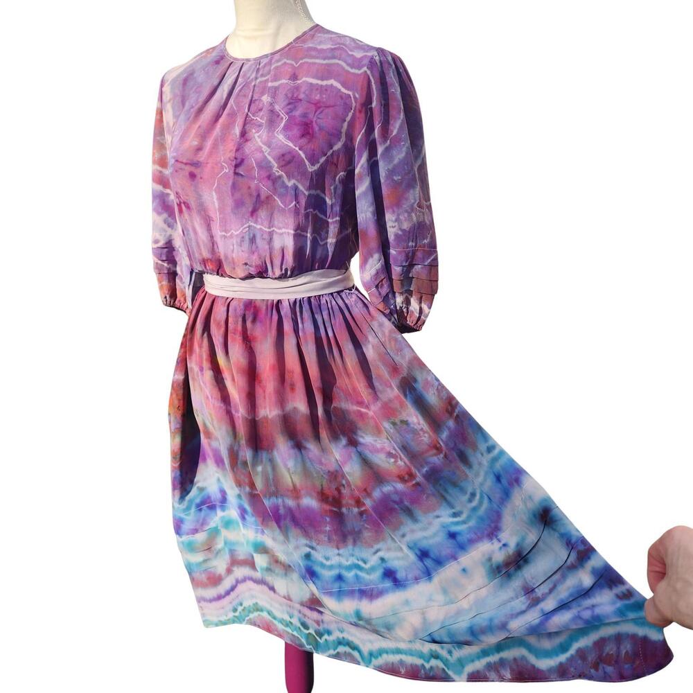 Vintage, Reworked Silk Hand-Tie-Dyed Full Midi Dress. Royal Silk. Size: 8